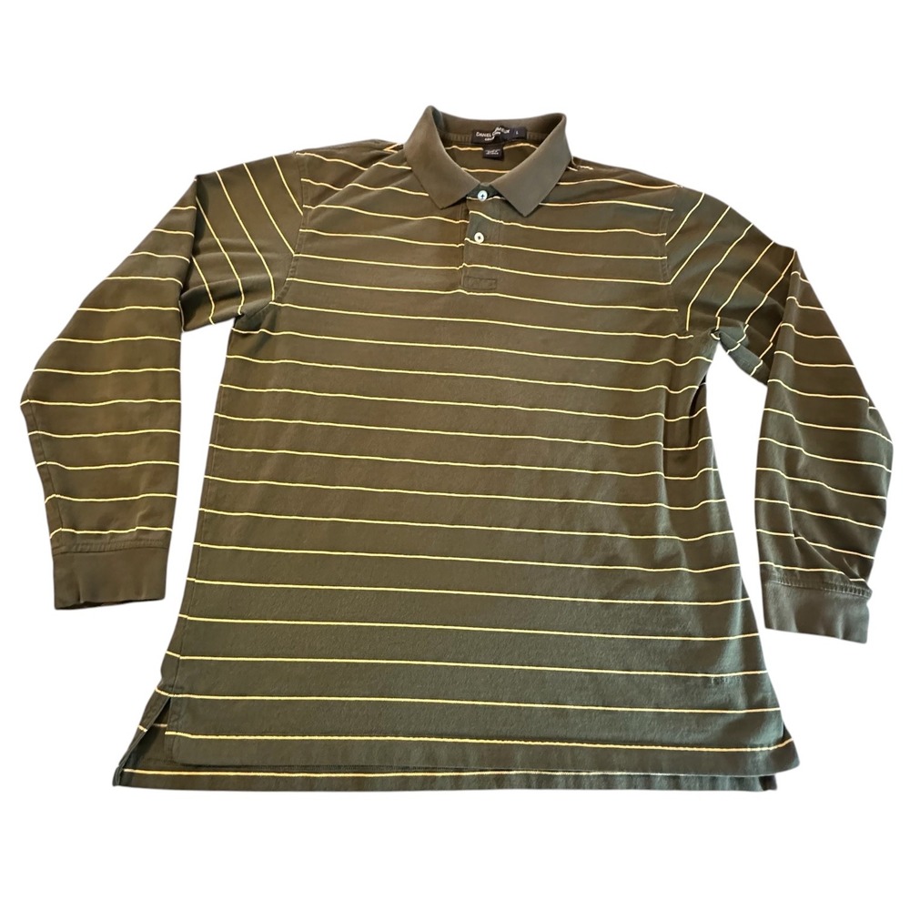 Daniel Cremieux Polo Shirt Mens Large Olive Green Yellow Striped Long Sleeve